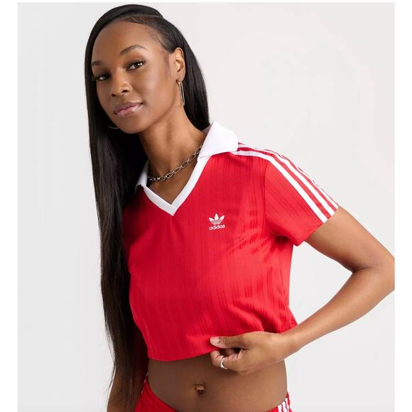NEW ADIDAS Adicolor Football Jacquard XL - Red Cropped Polo - Picture 5 of 8